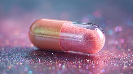 Sparkling glitter capsule on a vibrant iridescent surface with colorful bokeh lights