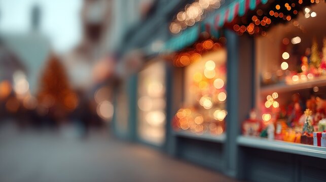 Blurred festive city street with sparkling Christmas lights and shop displays