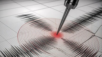 Seismograph needle marking earthquake epicenter on paper seismogram