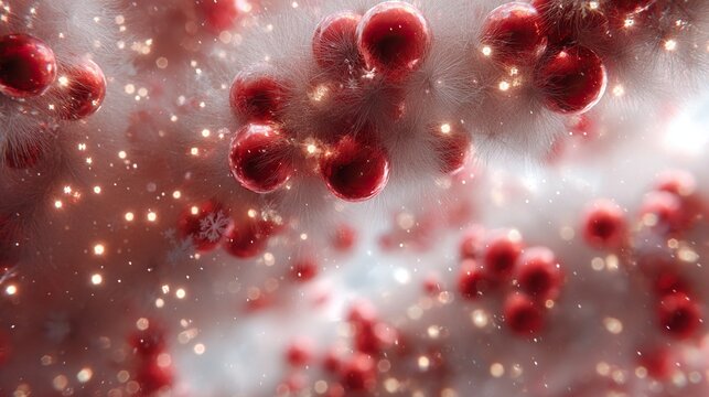 Magical macro view of red festive ornaments with sparkling bokeh lights and delicate snowflakes