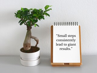 Success Quote on Consistency with inscription small steps consistently lead to giant result. green plant in a pot 