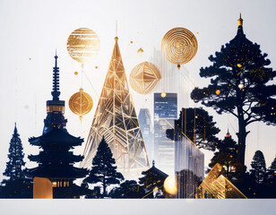 静寂な藍色の伝統建築と、眩い黄金の幾何学オブジェが交錯する、神秘的でモダンな冬のコンセプトアート