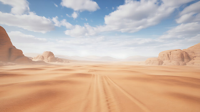 Desert landscape with rock formations and tire tracks