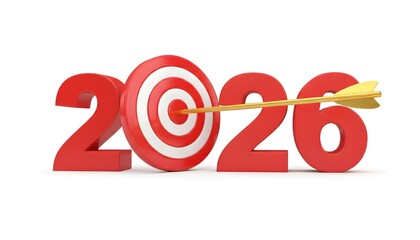 2026 target with arrow hitting the bullseye, symbolizing goals.