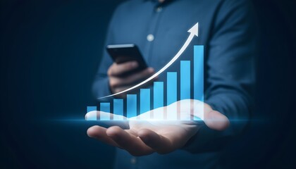 Person holding a smartphone with a growing bar graph representing financial growth and success.