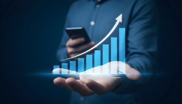 Person holding a smartphone with a growing bar graph representing financial growth and success.