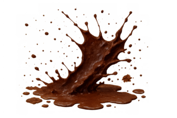 Chocolate splash in motion, with brown liquid drops flying upwards and falling back, ideal for food and dessert concepts