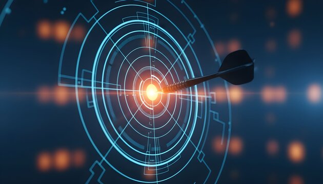 A dart strikes the glowing bullseye of a futuristic digital target, symbolizing success and precision.