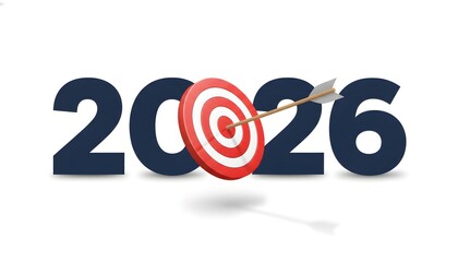 A 3D rendering of the year 2026 with a target and arrow hitting the bullseye, symbolizing future goals and success.