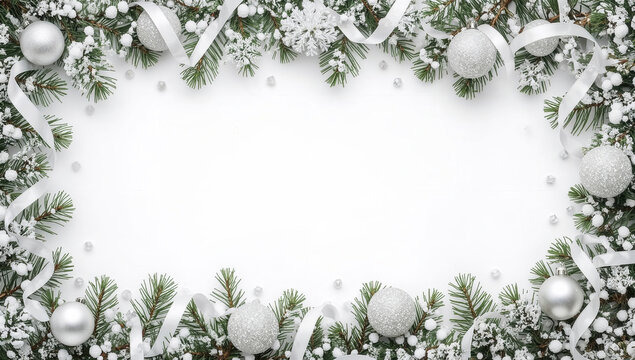 Cornice natalizia bianca con decorazioni invernali su sfondo chiaro. Generative AI