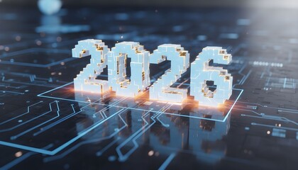 Digital rendering of the year 2026, constructed from pixelated blocks, set against a circuit board background.