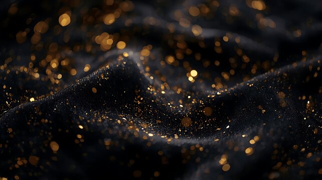 Golden dust glittering particles flowing abstract waves bokeh light effects on black fabric stylish and elegant background modern pattern