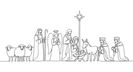 Nativity scene with holy family, magi, shepherds isolated on white background