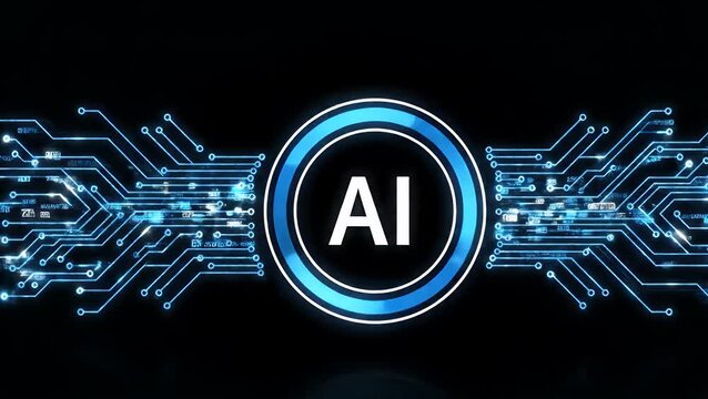 Glowing blue AI symbol connected to digital circuit lines