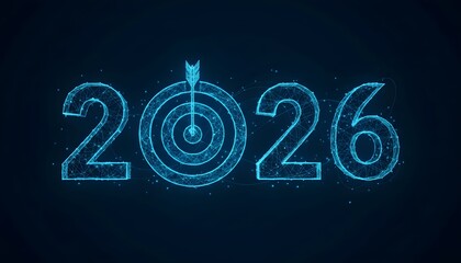 Futuristic digital rendering of the year 2026 with a target and arrow replacing the zero, symbolizing goals and future achievements.