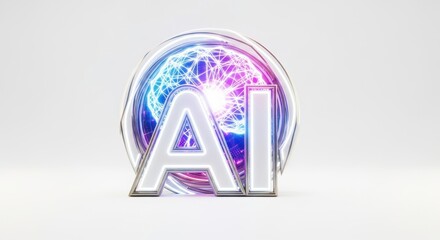 Futuristic artificial intelligence emblem with network structure and glowing letters