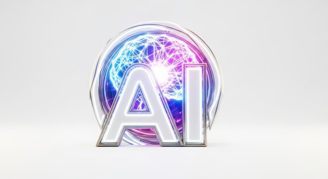 Futuristic artificial intelligence emblem with network structure and glowing letters