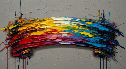 Vibrant abstract oil painting with thick impasto brushstrokes in a rainbow of colors textured and expressive against a neutral background