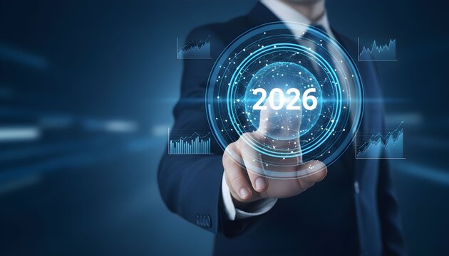 Businessman interacting with a futuristic digital interface displaying the year 2026, symbolizing future planning, technology, and business strategy.