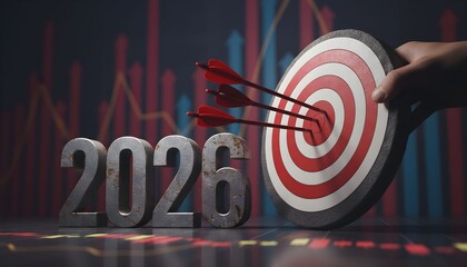 Business success concept for the year 2026 with arrows hitting the bullseye of a target.