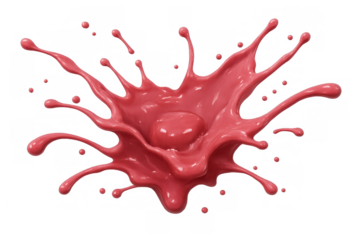 Pink liquid splash creating a dynamic crown shape with droplets, flying vibrant creamy paint on transparent background