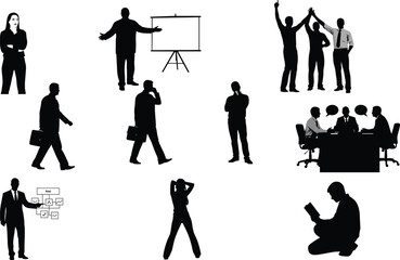 Obraz premium Flat vector silhouettes of business people, teamwork, presentation, meeting, education, stress, learning, communication, brainstorming, professional activities, office illustration