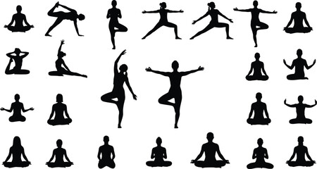 Flat vector, yoga silhouettes, meditation, balance, stretching, flexibility, mindfulness, tree pose, warrior pose, lotus position, healthy lifestyle, fitness, relaxation