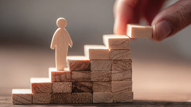 Tiny wooden figure standing on a rising staircase made of blocks with a hand adding the next step