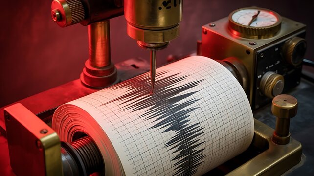 Vintage seismograph recording seismic activity on paper roll