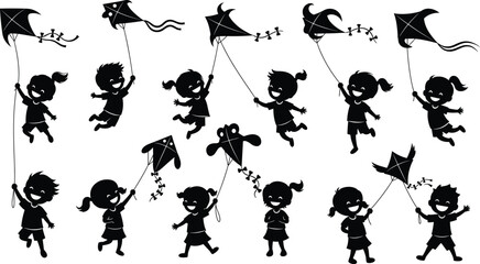 Flat vector, children silhouettes, flying kites, outdoor play, running, jumping, childhood fun, star kite, bird kite, playful activity, freedom, joy