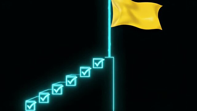 A glowing staircase of checkboxes leads to a yellow flag of success