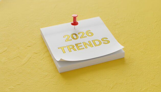 A close-up shot of a stack of white sticky notes with the text '2026 TRENDS' pinned to a yellow surface.
