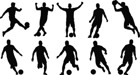 Flat vector, soccer player silhouettes, football action poses, kicking, dribbling, passing, shooting, celebration, sports training, athletic movement, competition, teamwork