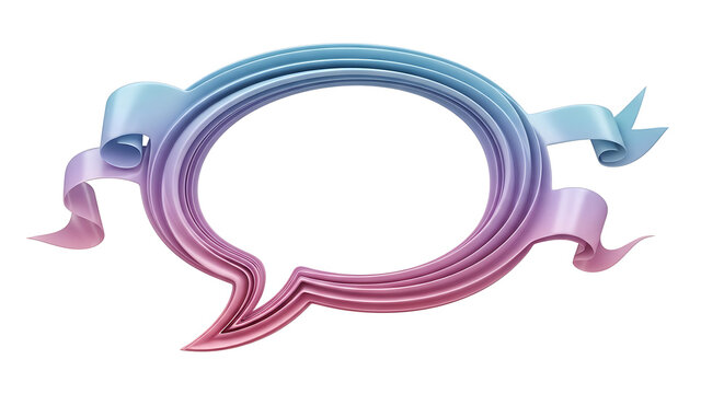 Sparkling iridescent gradient speech bubble frame with flowing ribbons on a white background for creative design and communication concepts