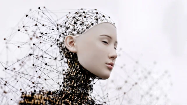 Conceptual Portrait of Humanoid Robot Head Covered by Abstract Neural Network Grid Structure