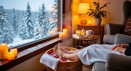 A person enjoys a relaxing foot bath with rose petals in a warm, cozy room. The window offers a beautiful, peaceful view of the snowy winter forest outside