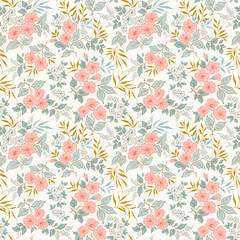 Vintage seamless floral pattern. Ditsy style background of small flowers. Small blooming coral pink flowers scattered over a white background. Stock vector liberty floral print with vintage design art