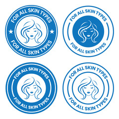 For all skin types label icon set. Face beauty women skin care packaging label for cream, toner, moisturizer, facial mask, lotion, logo, badge, symbol, black, line vector, isolated on white background