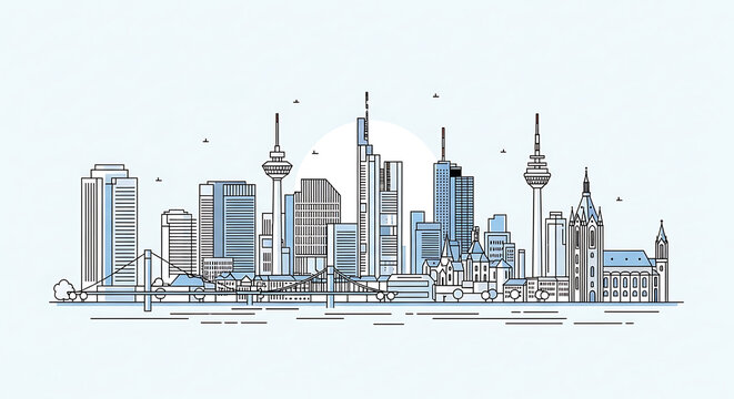 Stylized Frankfurt city horizon in clean linear art, showcasing streamlined skyline contours, recognizable buildings, and contemporary vector cityscape ideal for posters, maps, and creative projects