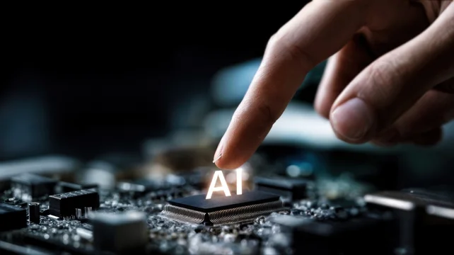 Finger Touching Glowing AI Text on Microchip of Dark Electronic Circuit Board Closeup
