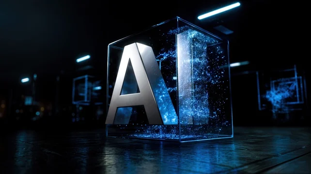 Large Silver AI Letters Contained in Glass Cube on Dark Reflective Digital Floor
