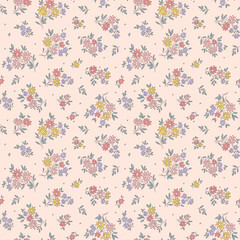 Cute feminine seamless gentle pattern little tiny abstract flowers, hand drawn. Beautiful floral pattern in small chamomile flowers. Small yellow, red and pink flowers. Coral background. Ditsy print
