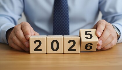 Naklejka premium A businessman in a shirt and tie changes wooden blocks from the year 2025 to 2026, symbolizing new year planning.