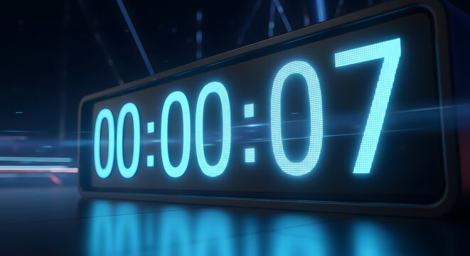 A glowing blue digital timer counting down with seven seconds remaining on a reflective surface.