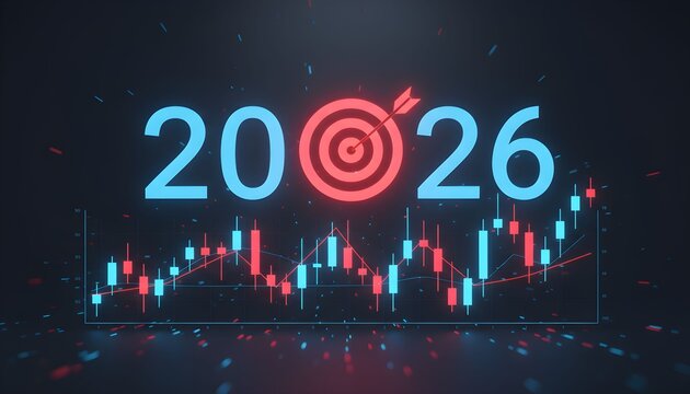 2026 target with stock market chart, blue and red. - Powered by Adobe