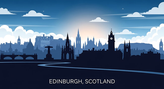 Minimalist vector depiction of Edinburgh skyline showcasing Scotland cityscape, elegant urban silhouettes, and contemporary line-art design for tourism, branding, and promotional use