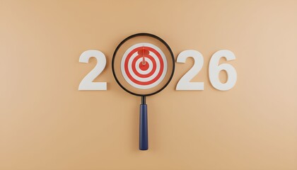 2026 target with magnifying glass on beige background.