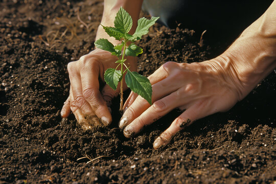 Hands of a gardener planting a young green seedling into rich dark soil, ideal for gardening and horticulture content, environmental and sustainability campaigns, agriculture and farming publications - Powered by Adobe