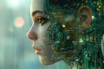 Futuristic female figure with digital circuitry overlay, showcasing advanced technology and artificial intelligence, illuminated by vibrant lights, representing the fusion of humanity and technology 