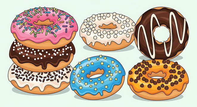 Vector illustration of a colorful donuts collection, featuring assorted sweet pastries, vibrant icing and toppings, ideal for dessert graphics, bakery branding, and culinary designs